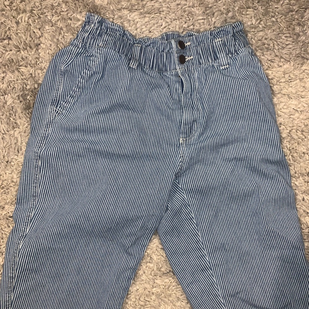 blue and white striped paper bag pants